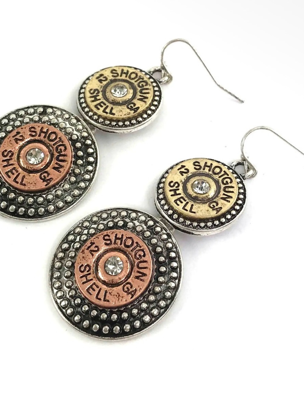 NWT Large Shotgun Shell Bullet Western Style Dangle Earrings Mixed Metal